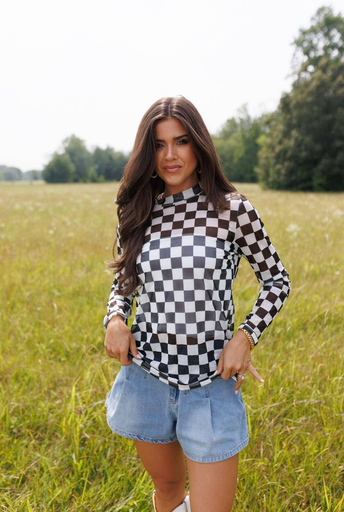 Check Yourself Black Checkerboard Sheer Mesh Top