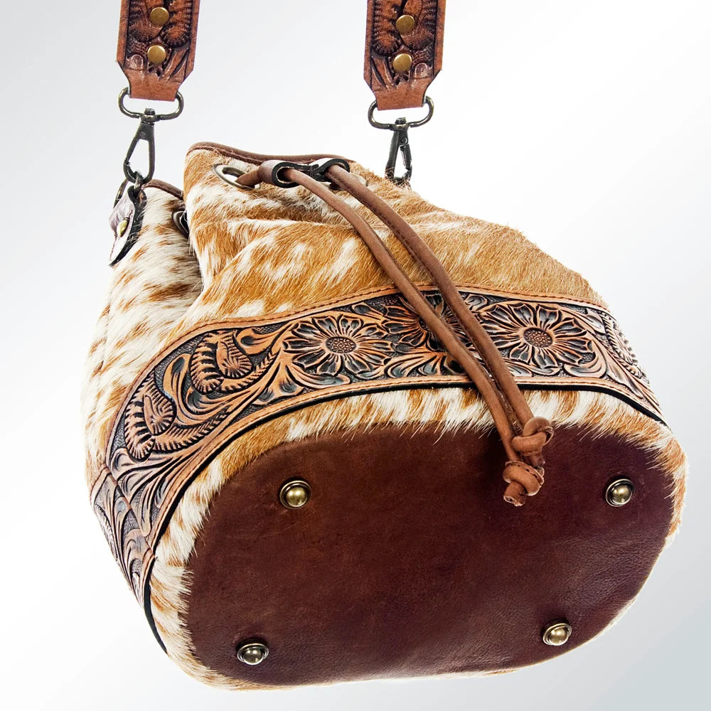 American Darling Hand Tooled Floral Leather & Hair-On Cowhide (Hides Vary) Western Bucket Bag SKU: