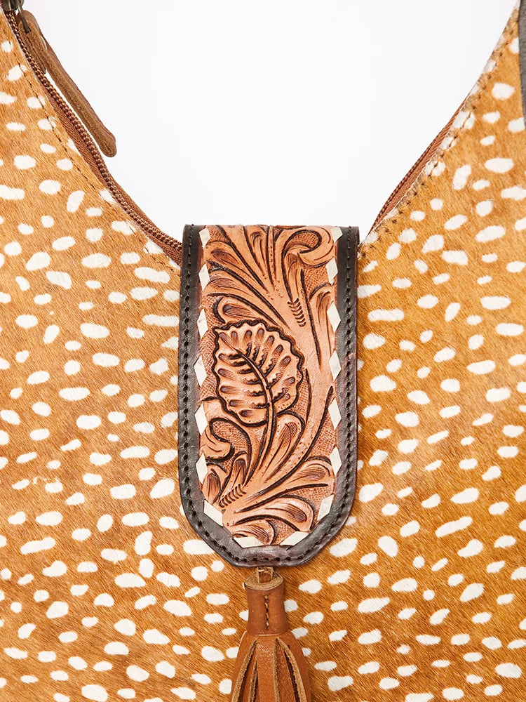 American Darling Cowhide (Hides Vary) Patchwork & Tooled Leather Hobo Shoulder Bag Tassel Accent ADBGA237D