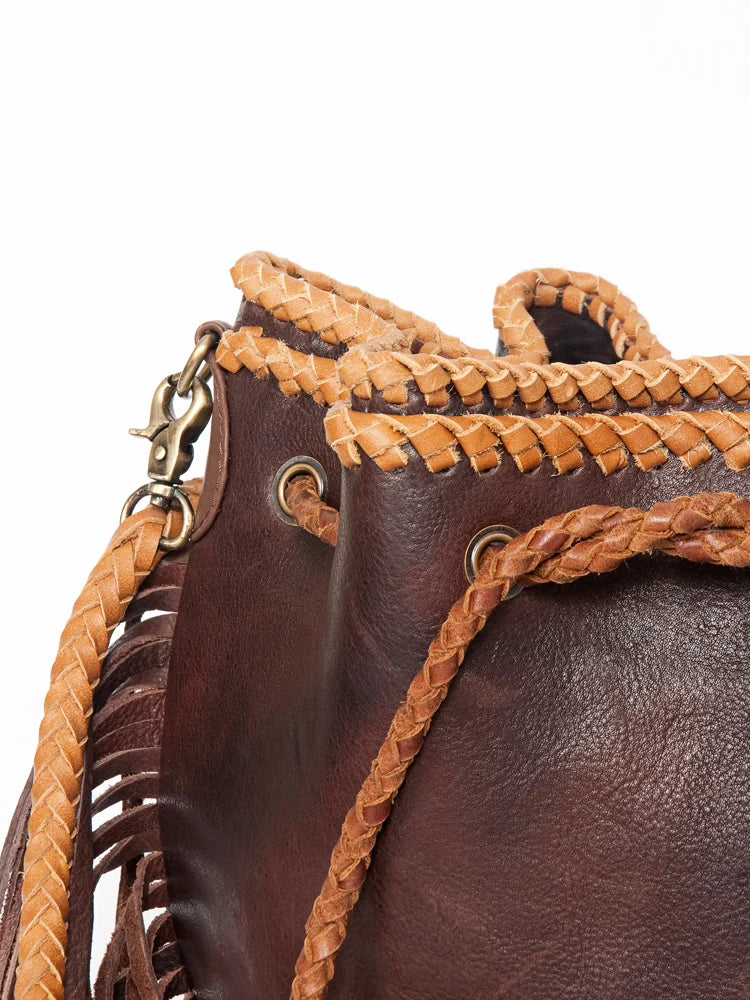 American Darling Handcrafted Leather Bucket bag with Fringes & Braided Drawstring ADBGD140