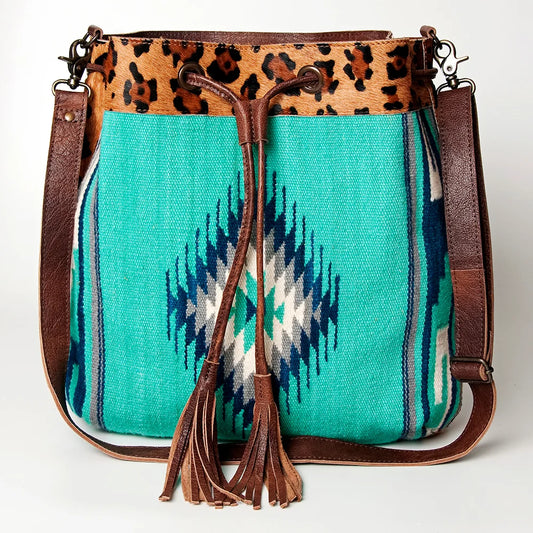 American Darling Aztec Woven Saddle Blanket & Leopard Cowhide Boho Bucket Bag ADBG574D9