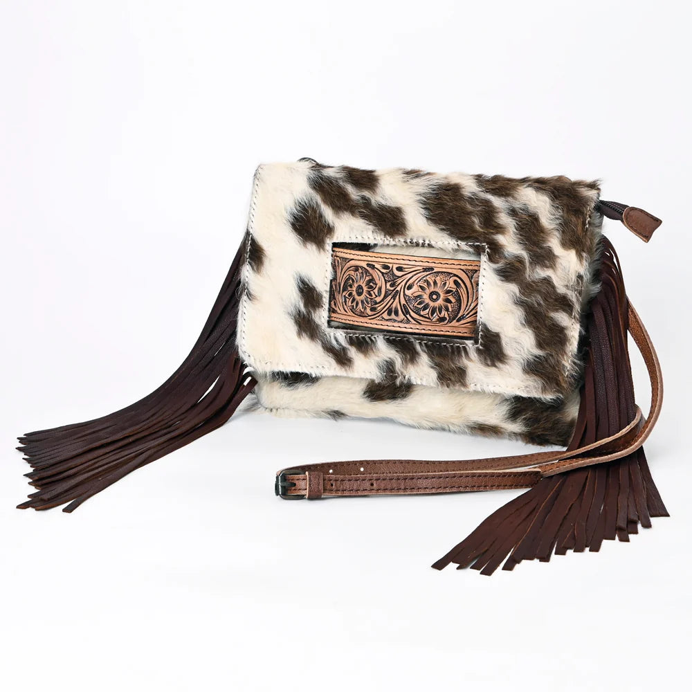 American Darling Hand Tooled Leather Small Cross body Bag with Hair-On Cowhide (Hides Vary) ADBG360BRW