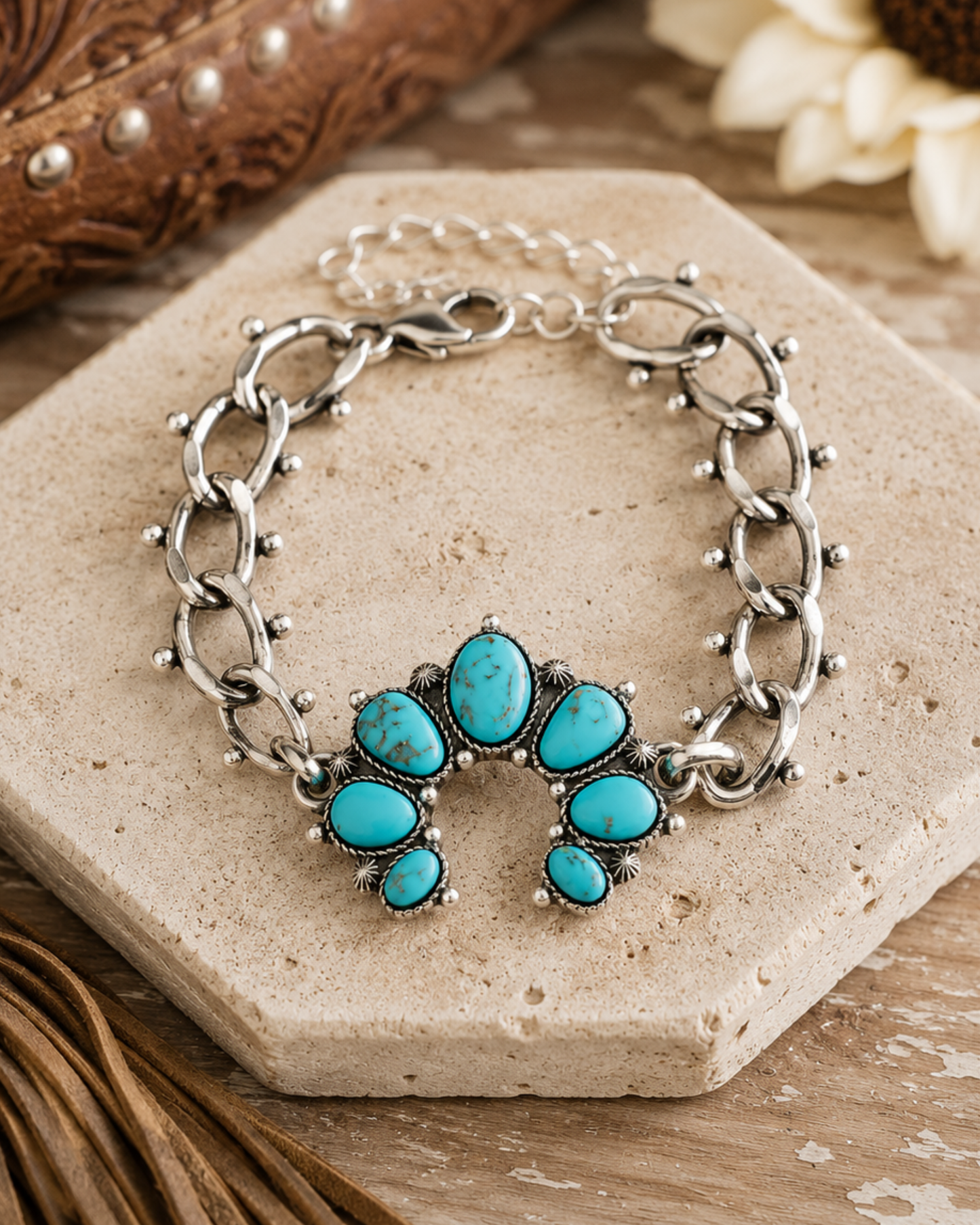 Turquoise Moonrise Squash Blossom Chain Bracelet