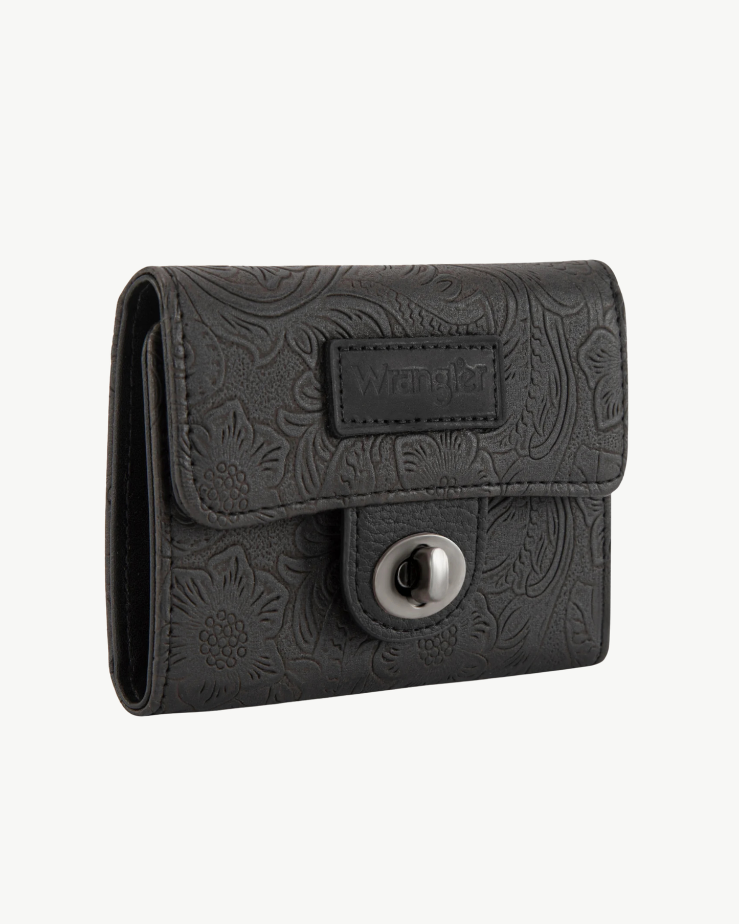 Wrangler Tooled in Bloom Floral Embossed RFID Trifold Wallet – Black or Beige