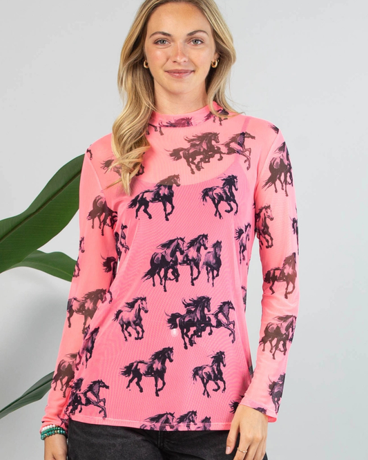 Kerry Neon Pink Horse Print Semi-Sheer Mesh Top