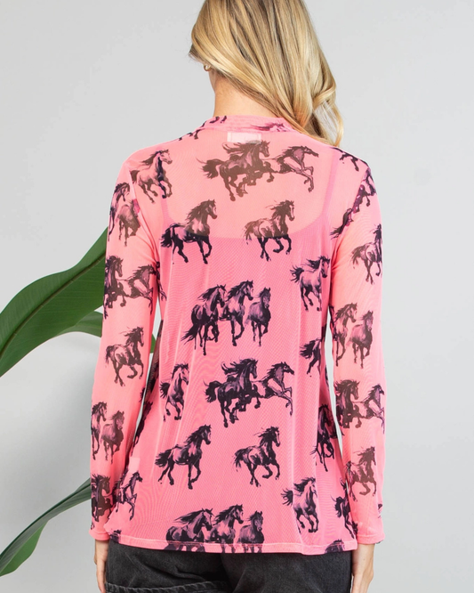Kerry Neon Pink Horse Print Semi-Sheer Mesh Top