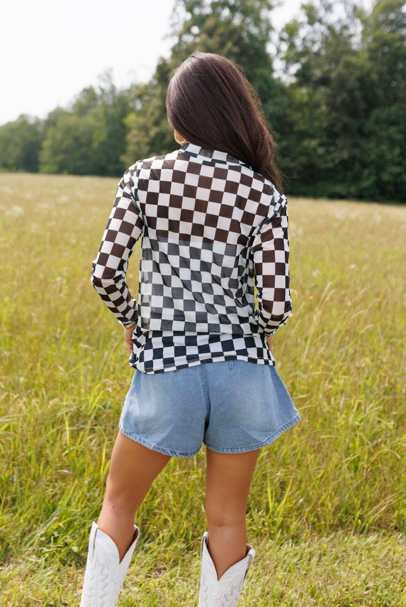 Check Yourself Black Checkerboard Sheer Mesh Top