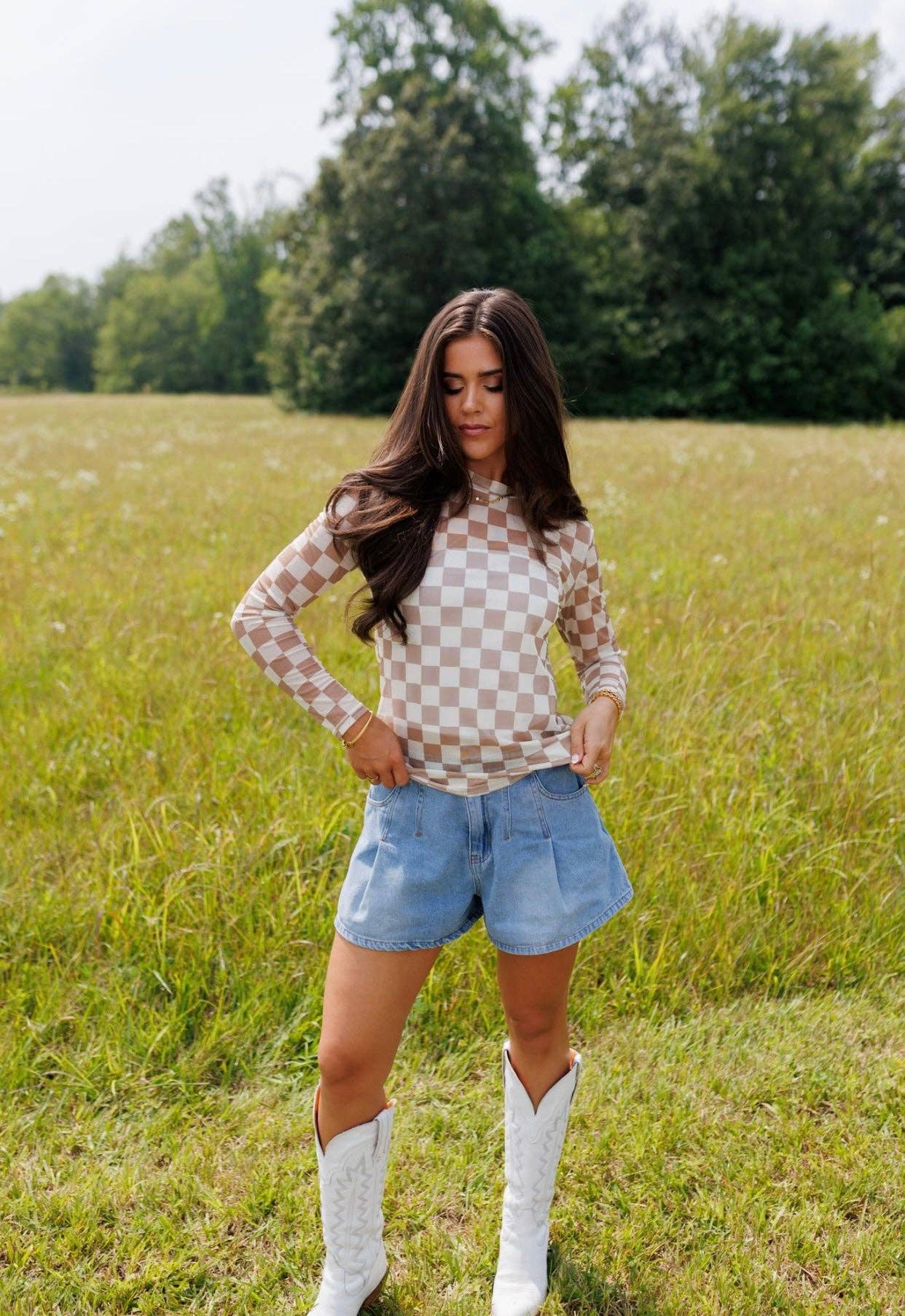 Check Me Out Tan & Cream Sheer Mesh Top
