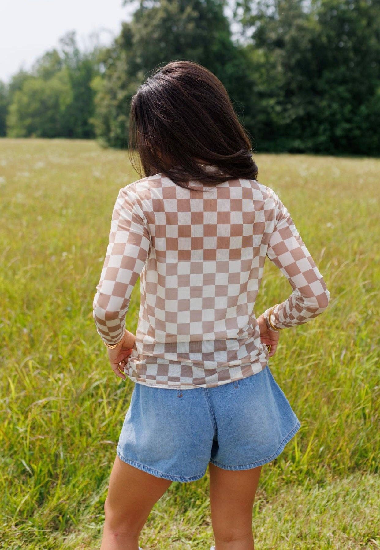 Check Me Out Tan & Cream Sheer Mesh Top