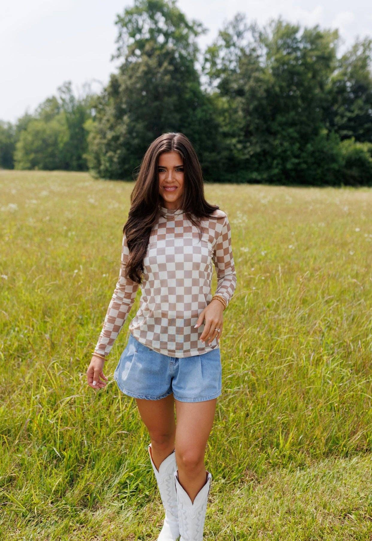 Check Me Out Tan & Cream Sheer Mesh Top