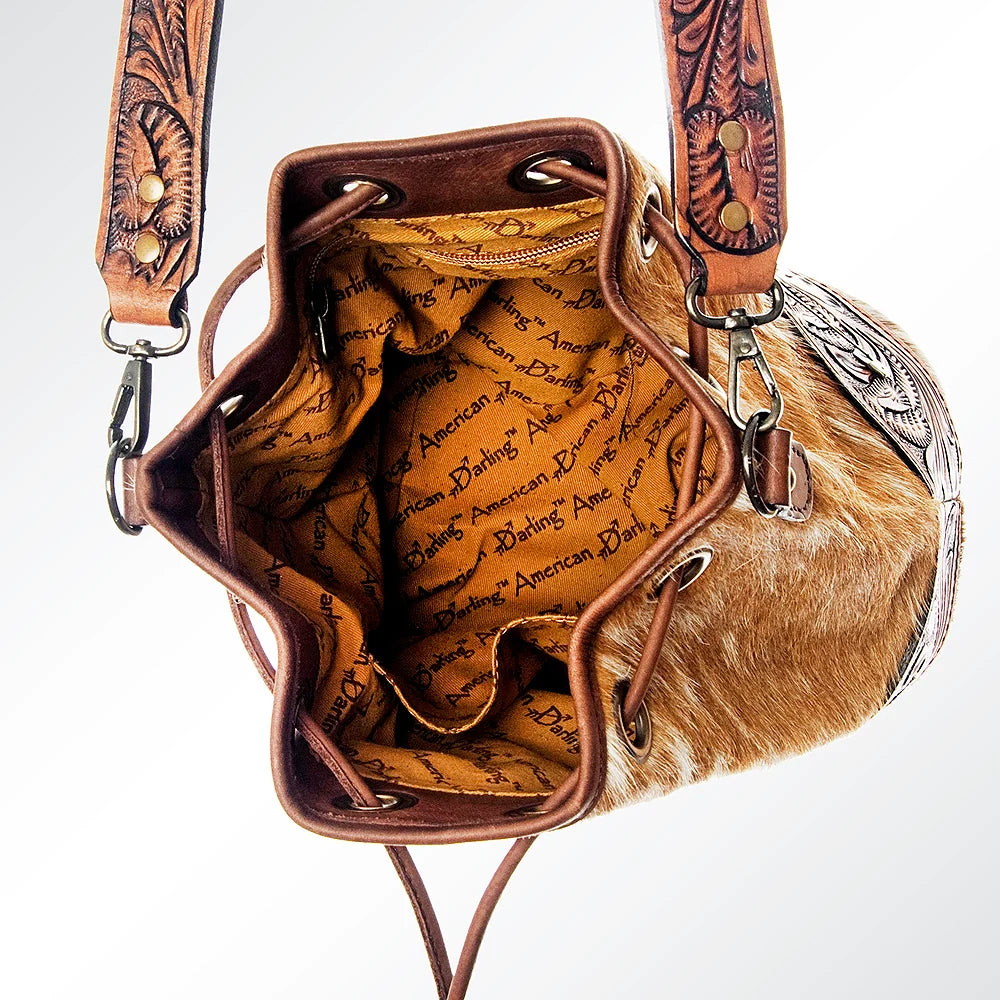 American Darling Hand Tooled Floral Leather & Hair-On Cowhide (Hides Vary) Western Bucket Bag SKU: