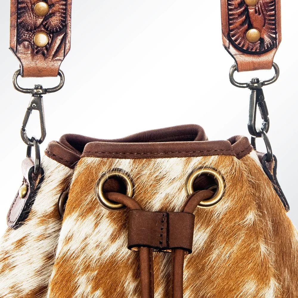 American Darling Hand Tooled Floral Leather & Hair-On Cowhide (Hides Vary) Western Bucket Bag SKU: