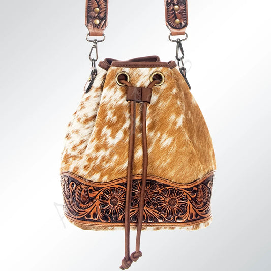 American Darling Hand Tooled Floral Leather & Hair-On Cowhide Western Bucket Bag SKU: