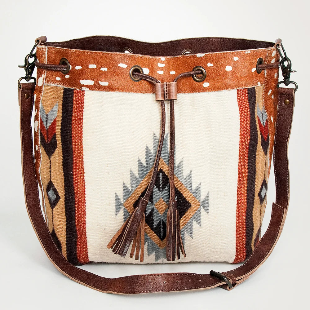 American Darling Hand Woven Saddle Blanket & Hair-On Cowhide Western Bucket Bag ADBG574