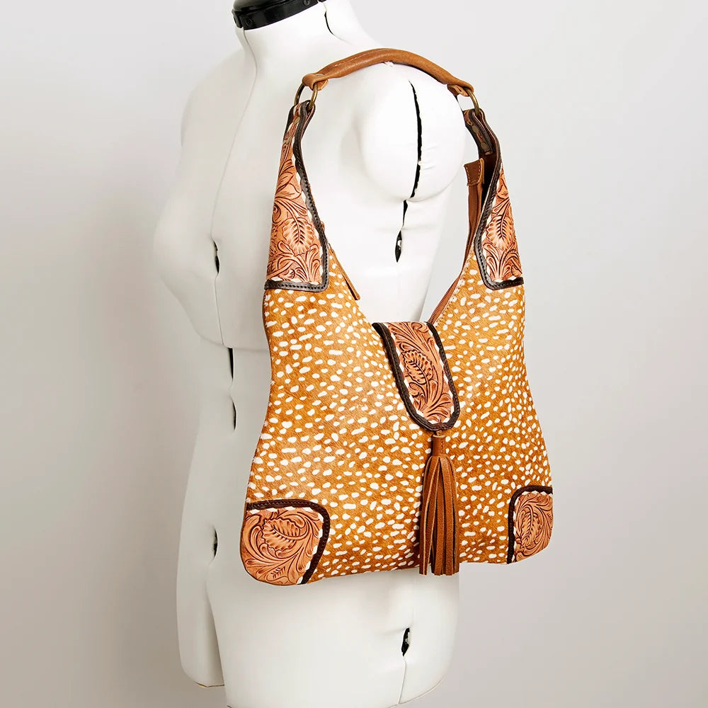 American Darling Cowhide (Hides Vary) Patchwork & Tooled Leather Hobo Shoulder Bag Tassel Accent ADBGA237D