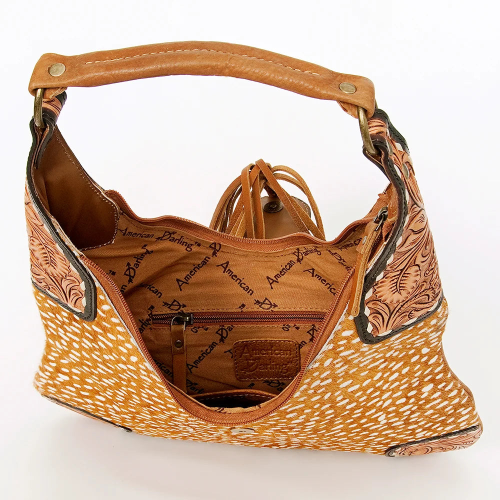 American Darling Cowhide (Hides Vary) Patchwork & Tooled Leather Hobo Shoulder Bag Tassel Accent ADBGA237D