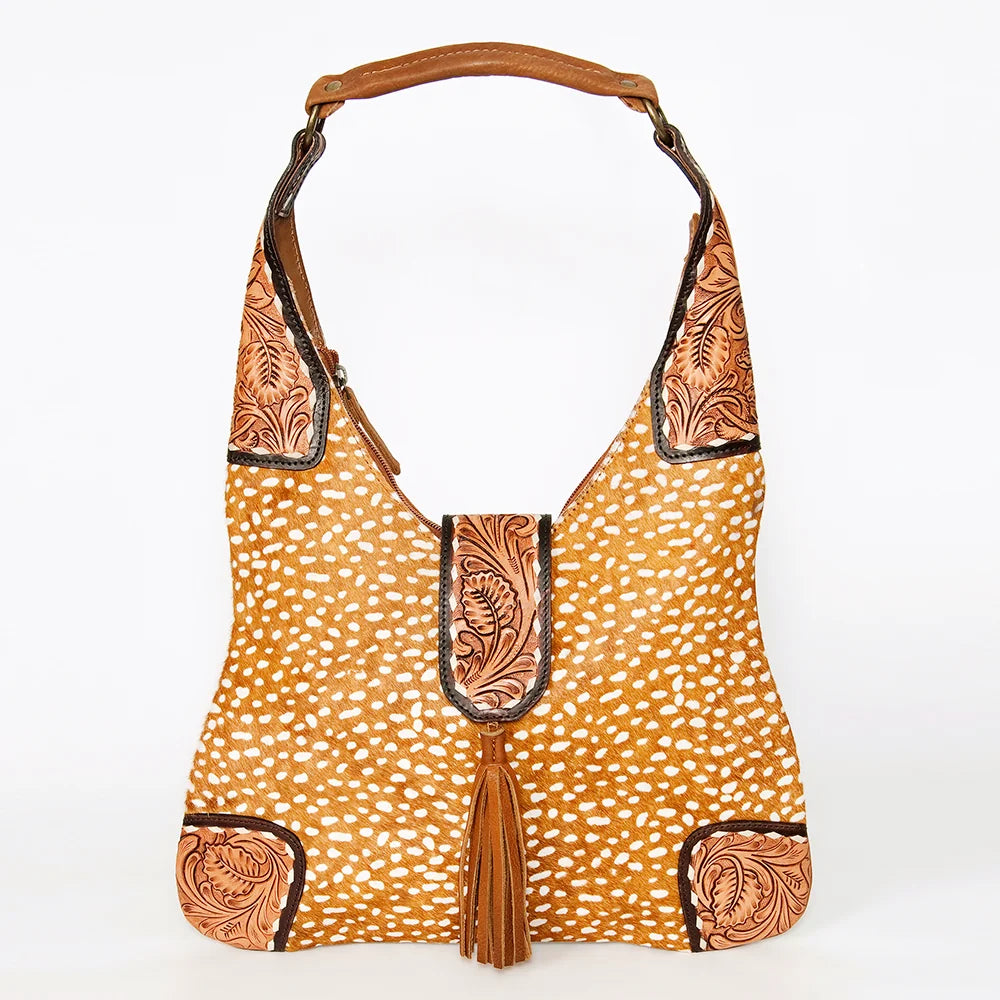 American Darling Cowhide (Hides Vary) Patchwork & Tooled Leather Hobo Shoulder Bag Tassel Accent ADBGA237D