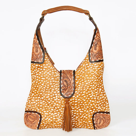 American Darling Cowhide Patchwork & Tooled Leather Hobo Shoulder Bag Tassel Accent ADBGA237D