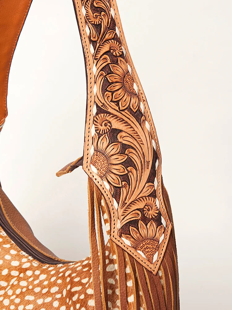 American Darling Hair-On Cowhide (hides vary) Hobo Bag Hand Tooled Genuine Leather ADBGA242