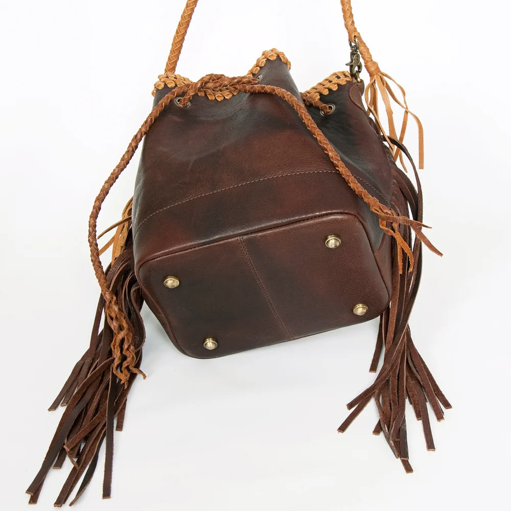 American Darling Handcrafted Leather Bucket bag with Fringes & Braided Drawstring ADBGD140