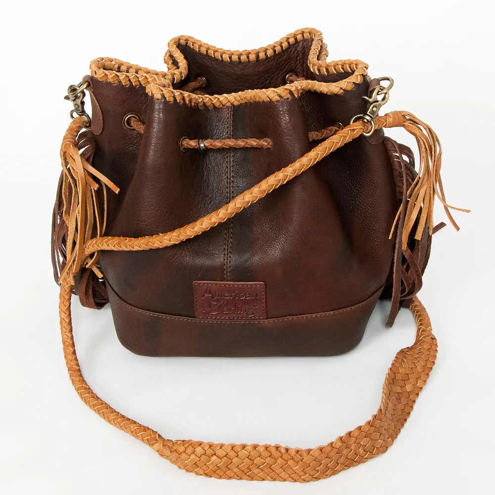 American Darling Handcrafted Leather Bucket bag with Fringes & Braided Drawstring ADBGD140