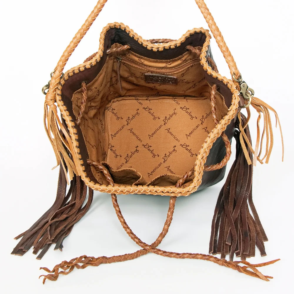 American Darling Handcrafted Leather Bucket bag with Fringes & Braided Drawstring ADBGD140