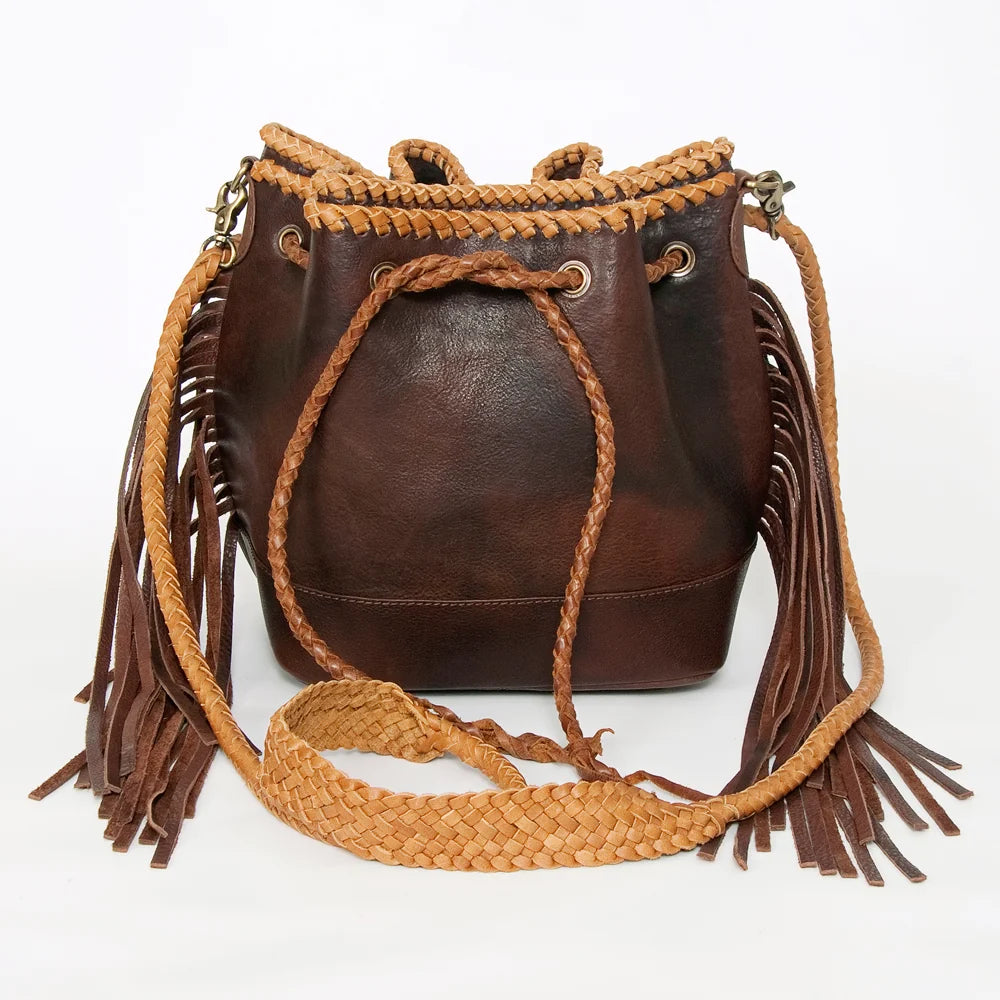 American Darling Handcrafted Leather Bucket bag with Fringes & Braided Drawstring ADBGD140