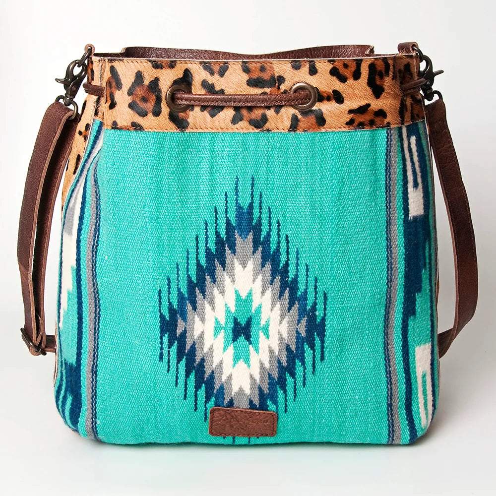 American Darling Aztec Woven Saddle Blanket & Leopard Cowhide Boho Bucket Bag ADBG574D9