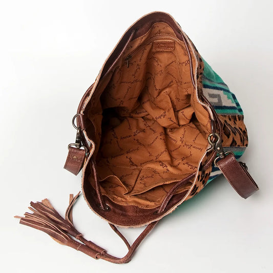 American Darling Aztec Woven Saddle Blanket & Leopard Cowhide Boho Bucket Bag ADBG574D9