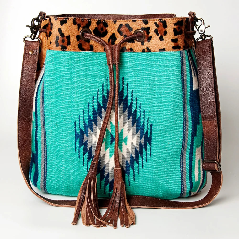 American Darling Aztec Woven Saddle Blanket & Leopard Cowhide Boho Bucket Bag ADBG574D9