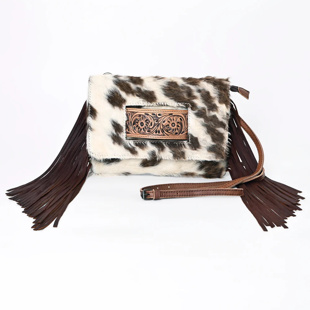 American Darling Hand Tooled Leather Small Cross body Bag with Hair-On Cowhide (Hides Vary) ADBG360BRW