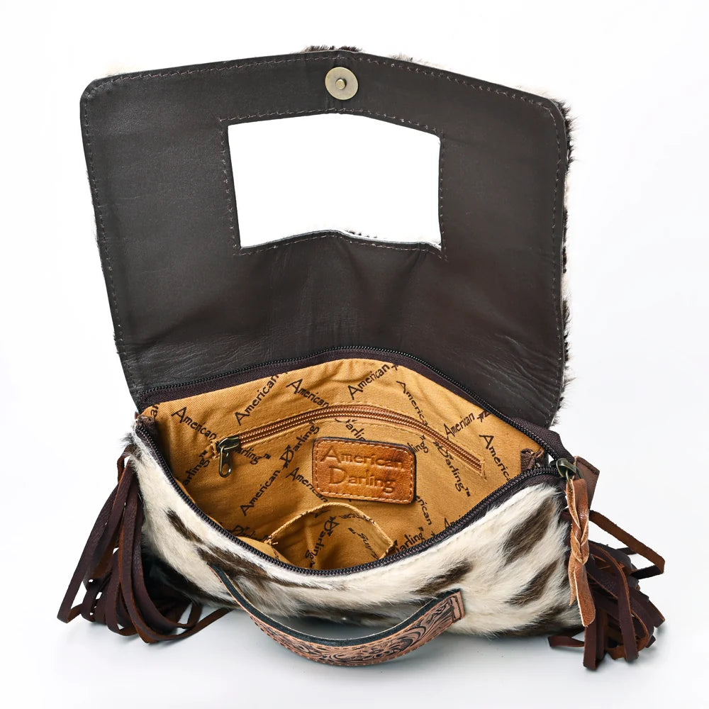 American Darling Hand Tooled Leather Small Cross body Bag with Hair-On Cowhide (Hides Vary) ADBG360BRW