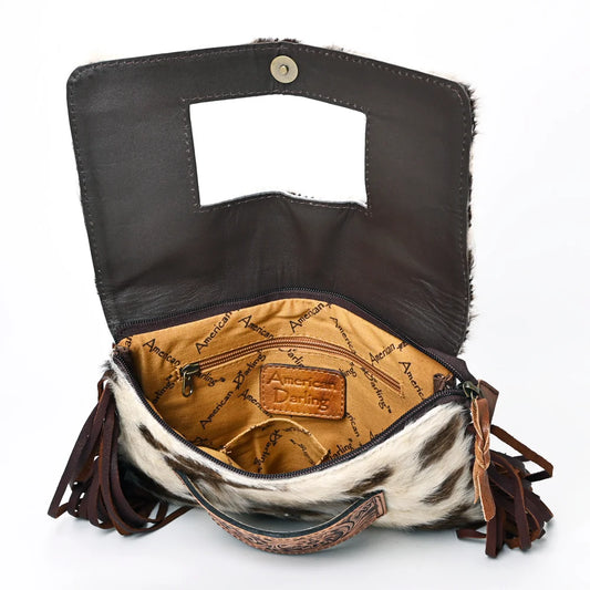 American Darling Hand Tooled Leather Small Cross body Bag with Hair-On Cowhide ADBG360BRW