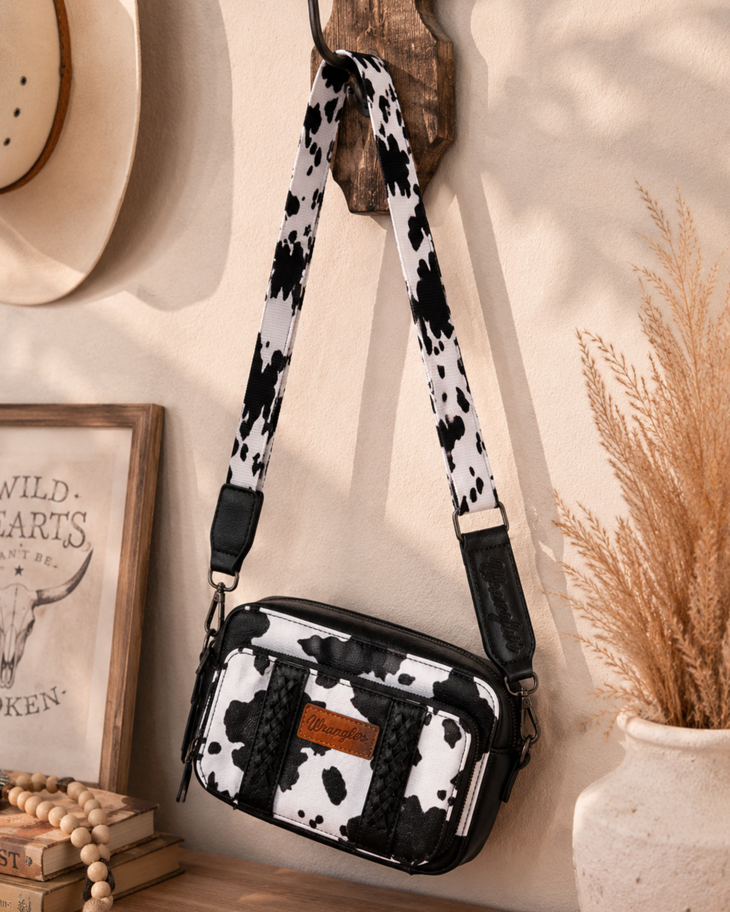 Wrangler Black & White Cow Print Crossbody Purse