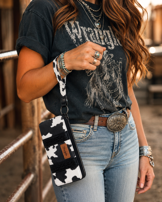 Wrangler Black Cow Print Wristlet Wallet