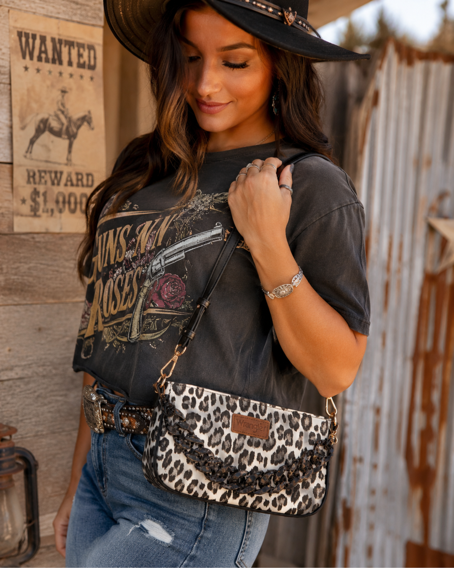 Wrangler Leopard Print Shoulder Bag with Chain Detail