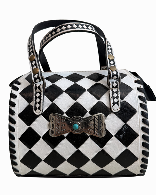 Black and White Checkered Thunderbird Tooled Leather Speedy Crossbody Bag
