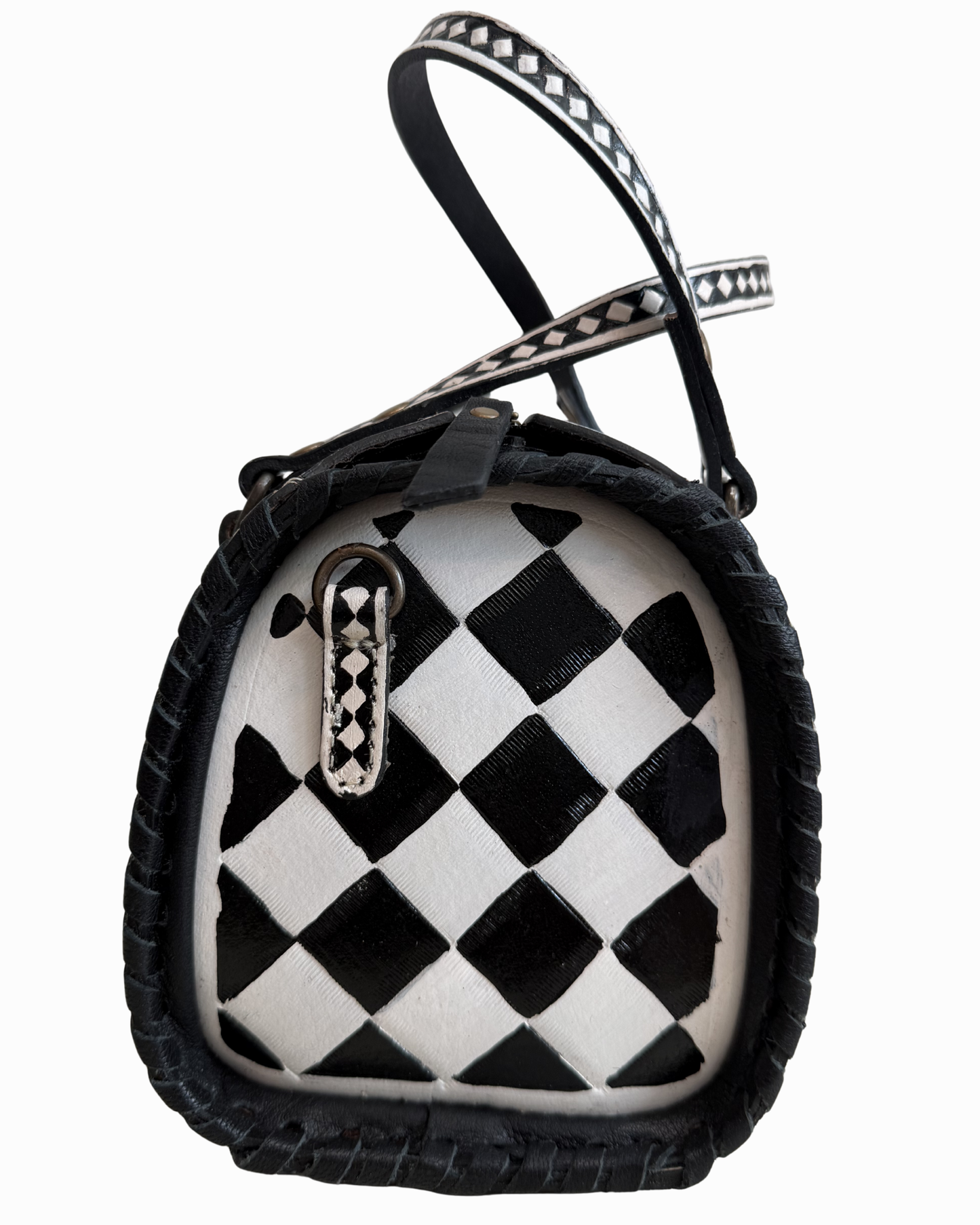 Black and White Checkered Thunderbird Tooled Leather Speedy Crossbody Bag