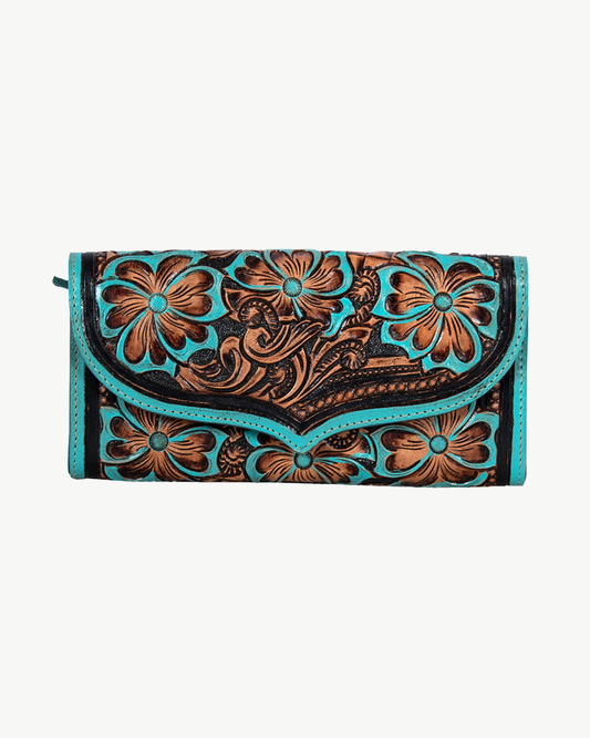 Turquoise Bloom Hand-Tooled Leather Wallet