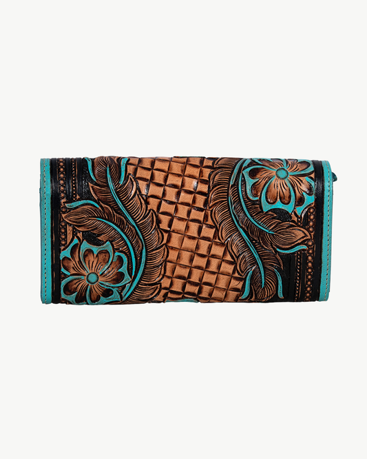 Turquoise Bloom Hand-Tooled Leather Wallet