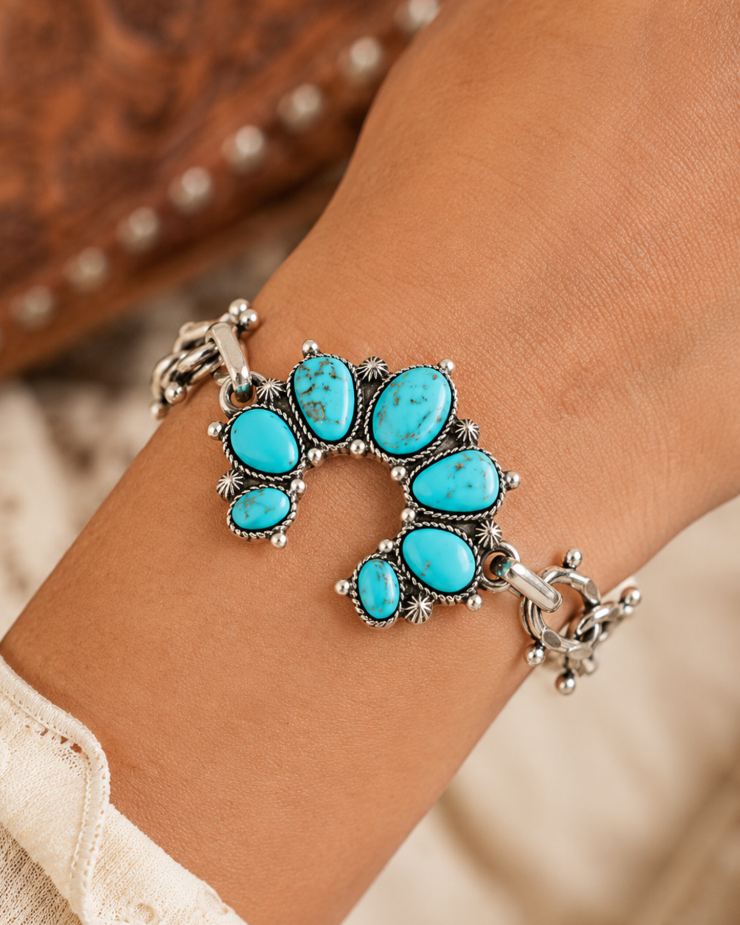 Turquoise Moonrise Squash Blossom Chain Bracelet