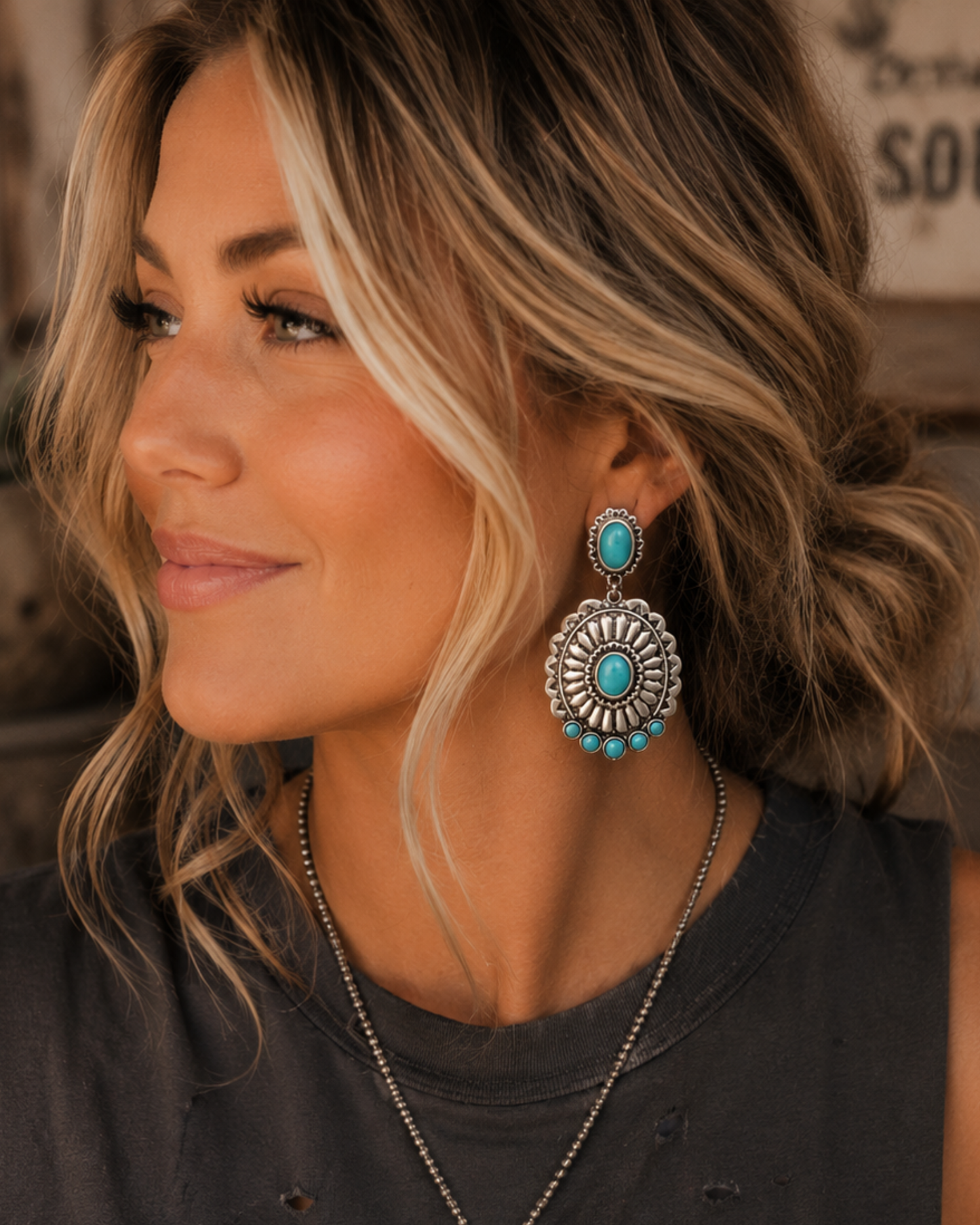 Turquoise Concho Western Statement Earrings