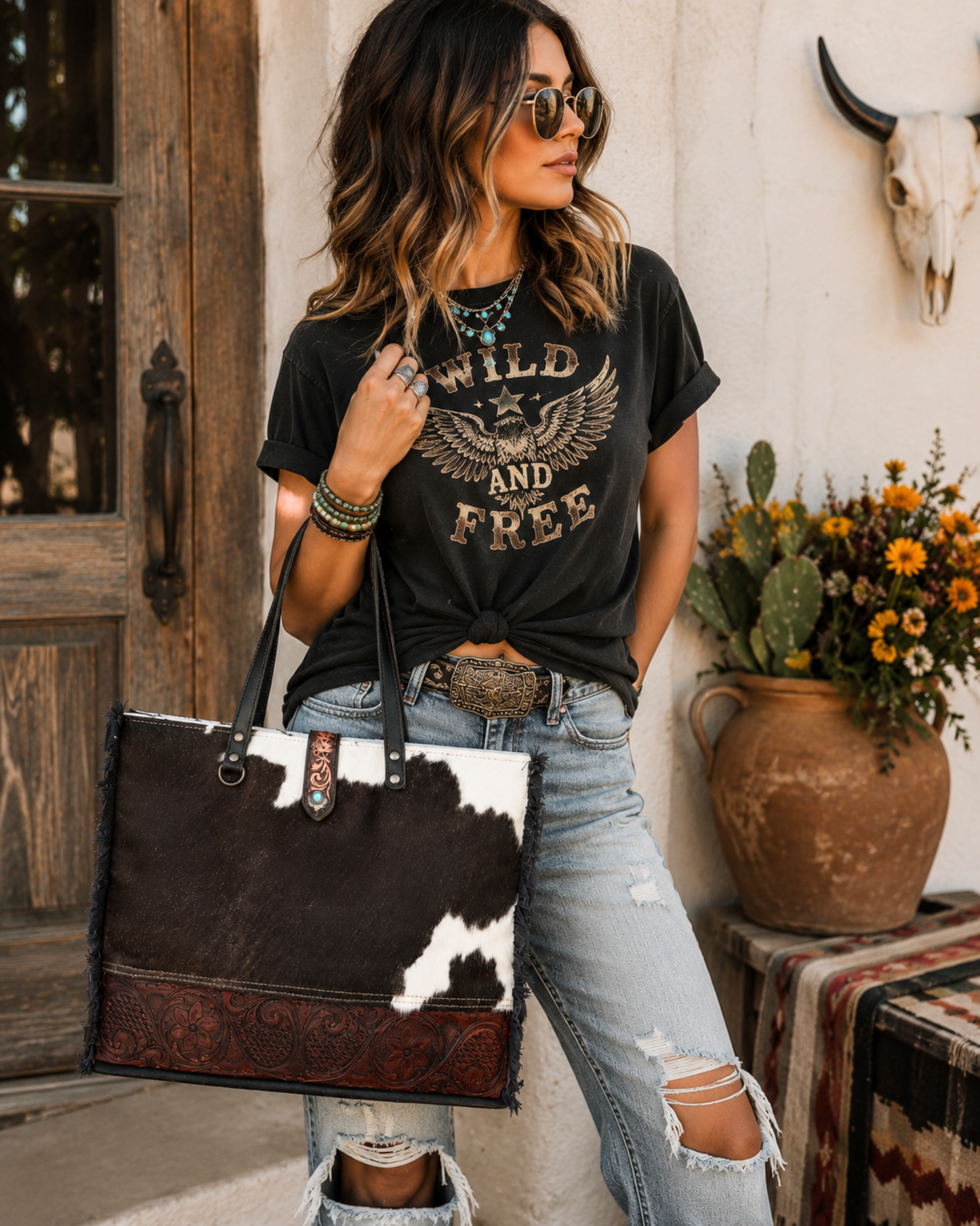 Comely Genuine Cowhide & Hand-Tooled Leather Tote Bag