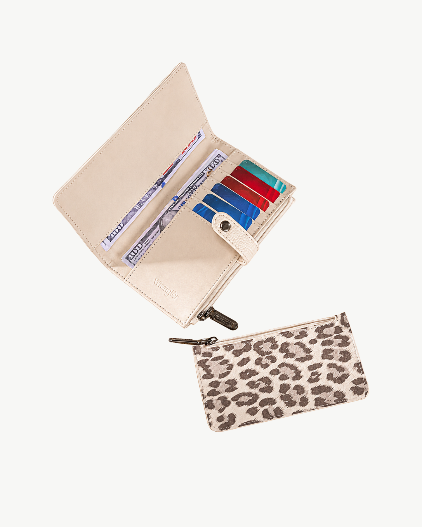 Wrangler Wild Thing Leopard Print RFID Wallet & Wristlet Set – Beige, Jean or Brown