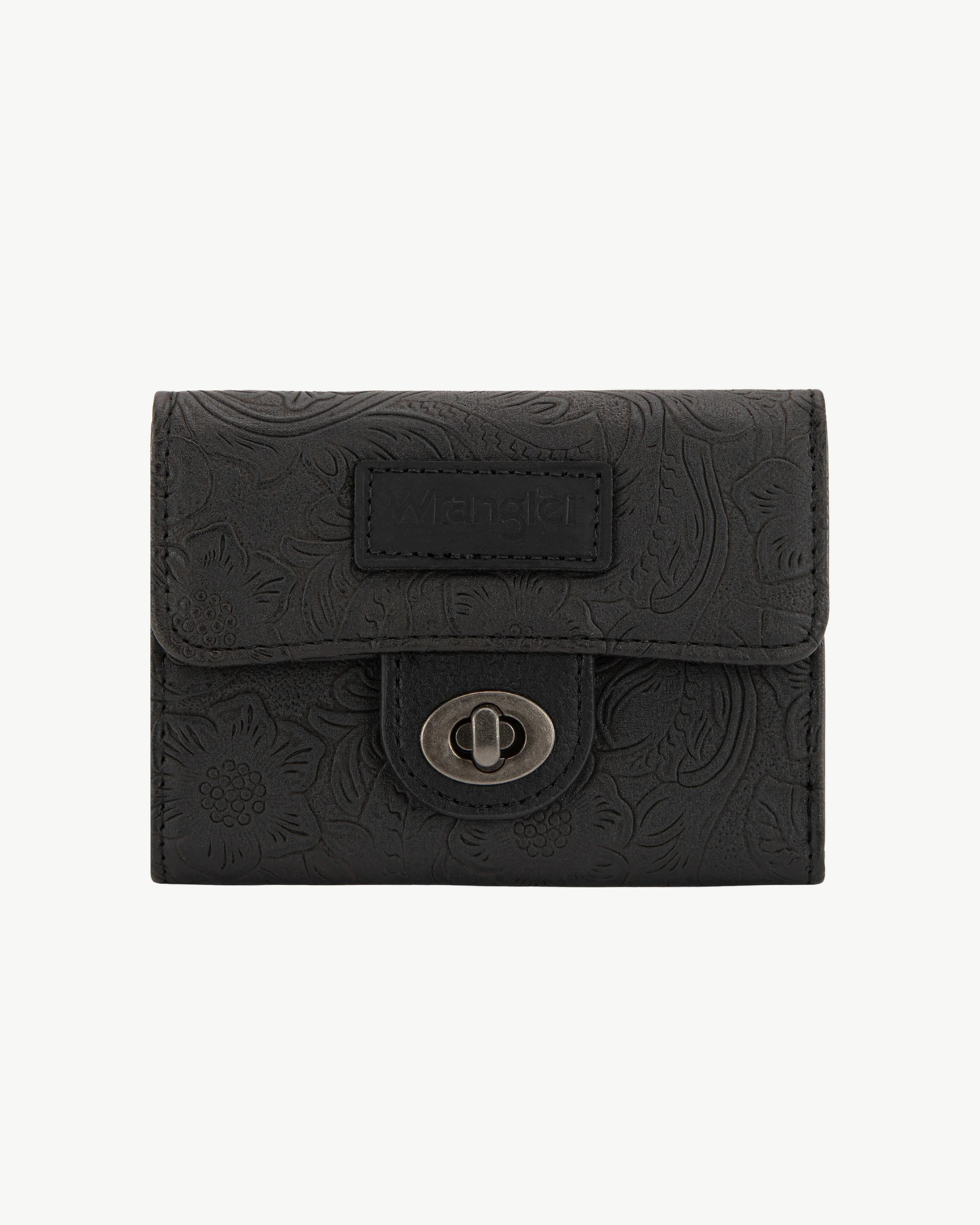 Wrangler Tooled in Bloom Floral Embossed RFID Trifold Wallet – Black or Beige