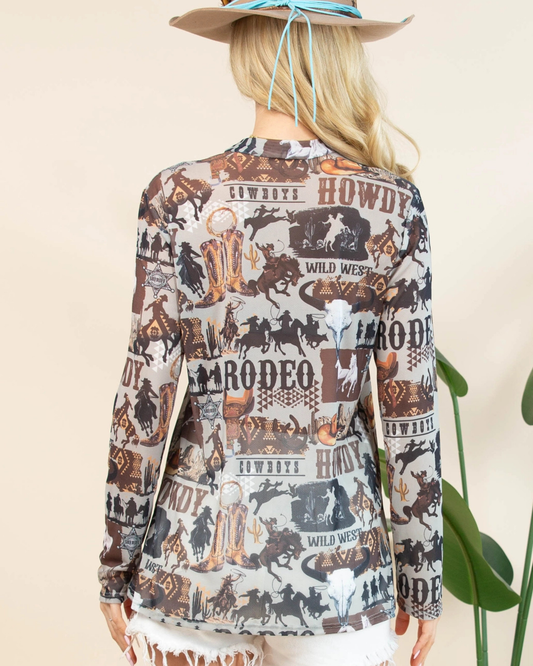 Aubrey Western Rodeo Print Semi-Sheer Mesh Top