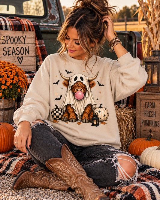 Ghost Highland Cow Graphic Sweatshirt