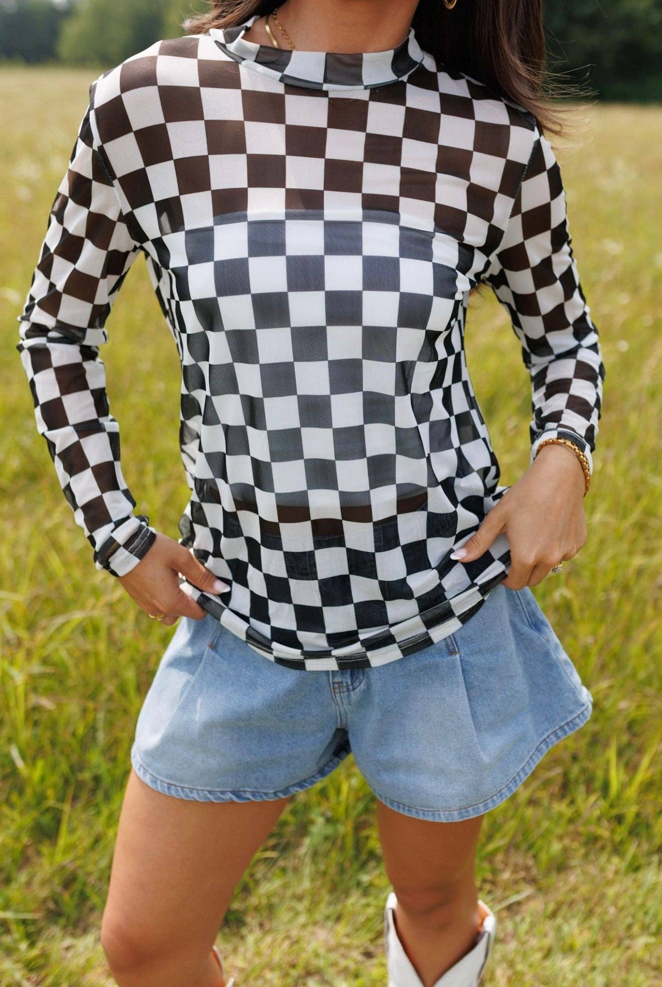 Check Yourself Black Checkerboard Sheer Mesh Top