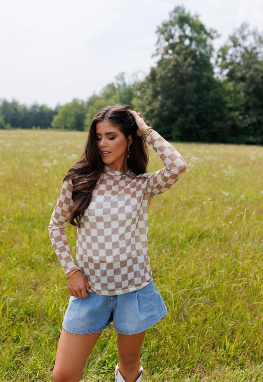 Check Me Out Tan & Cream Sheer Mesh Top