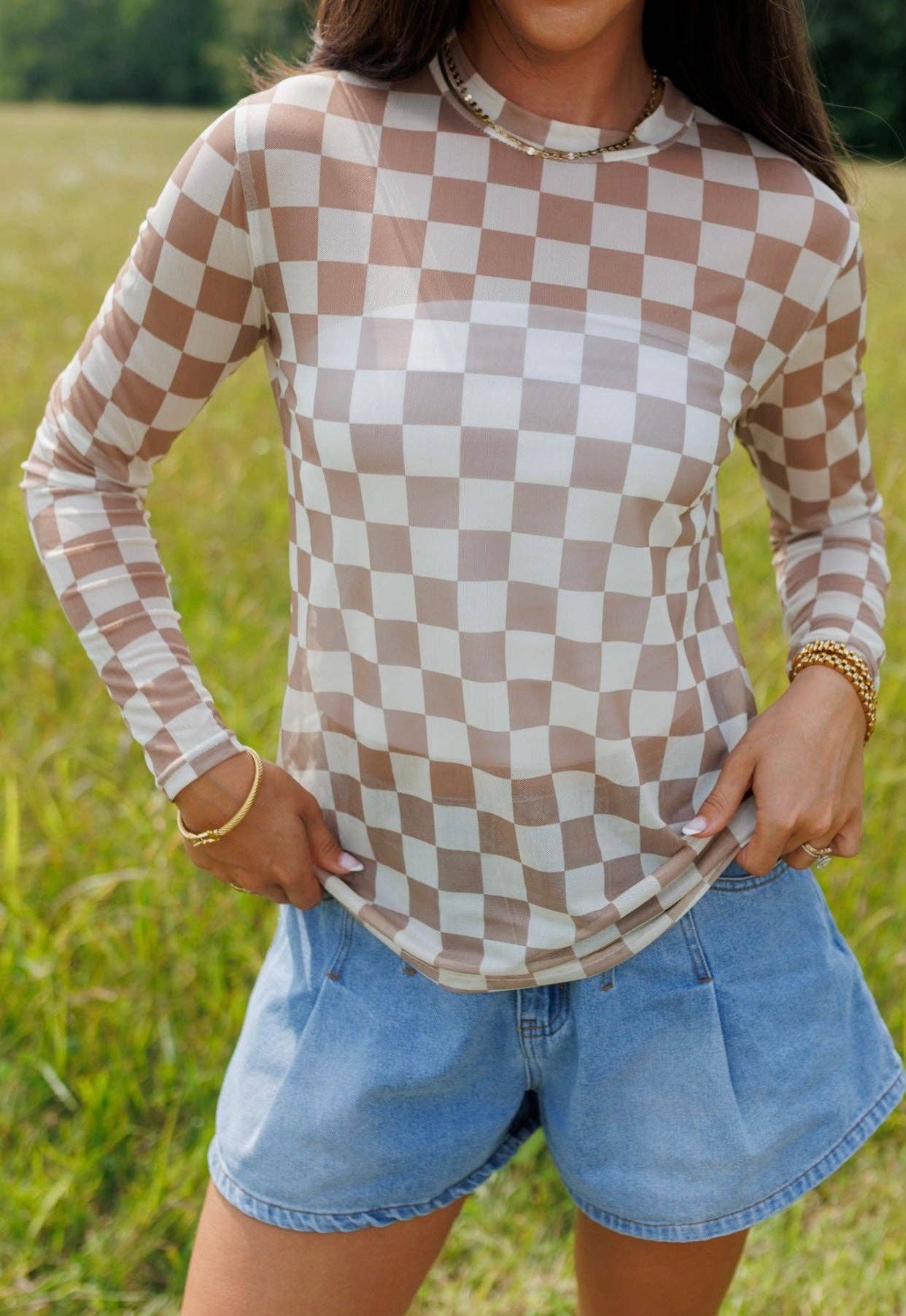 Check Me Out Tan & Cream Sheer Mesh Top